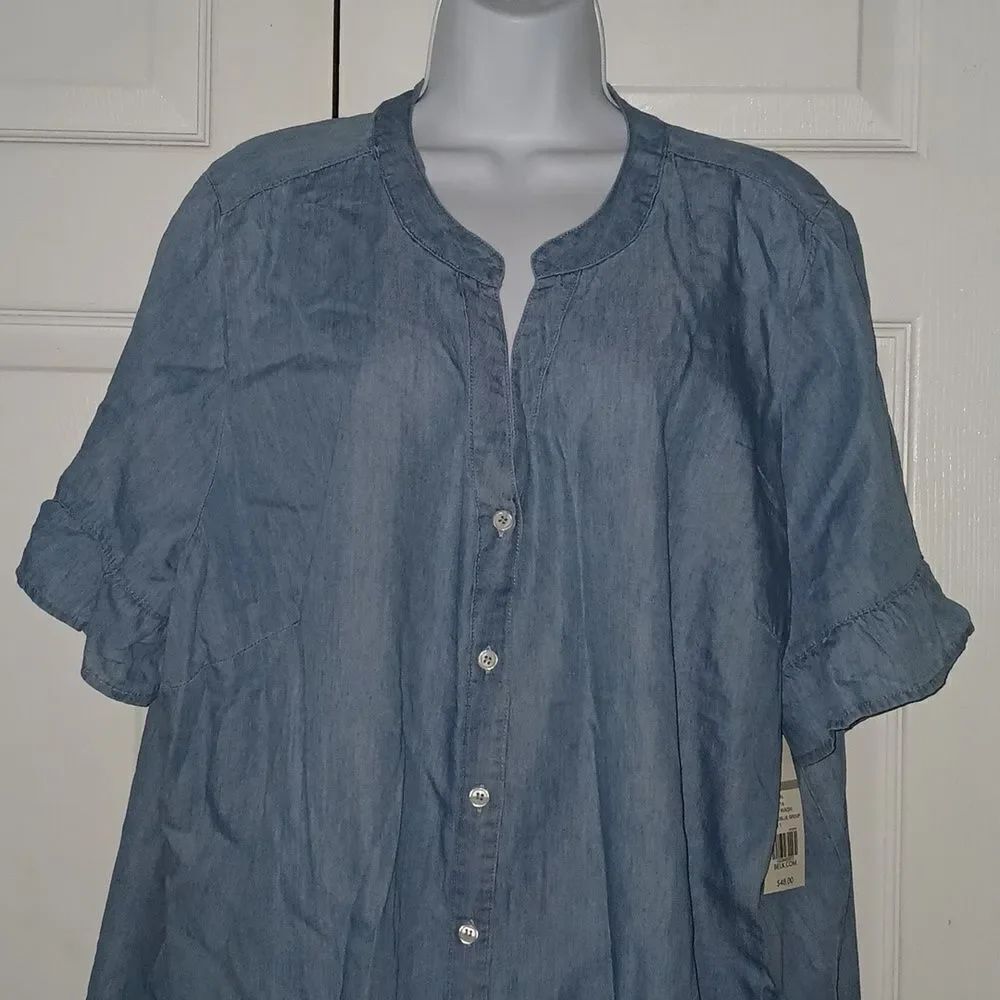 Kim Rogers curvy v neck button down short sleeve light wash denim blouse Sz 2X - Picture 3 of 6